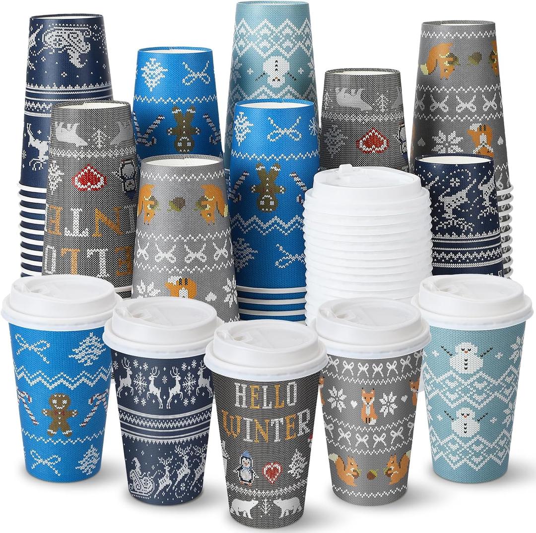 100 Pack 16 oz Winter Disposable Coffee Cups with Lids,Gingerbread Man Snowflakes Cups for Hot and Cold Beverages,Coffee,Tea,Water,Juice
