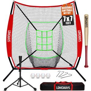 7'x7' Portable Baseball Net Set - Batting, Hitting & Pitching Practice Net with Baseball Tee, Carrying Bag, for All Skills