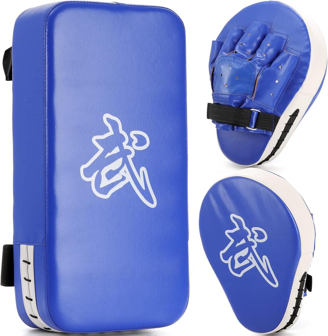 WUWEOT Boxing Focus Pads and Taekwondo Pad, 15.5 x 8 Blue, 2-in-1 Punching Mitts Kick Pack Set, Martial Arts MMA Kicking Shield Training for Men Women Gym