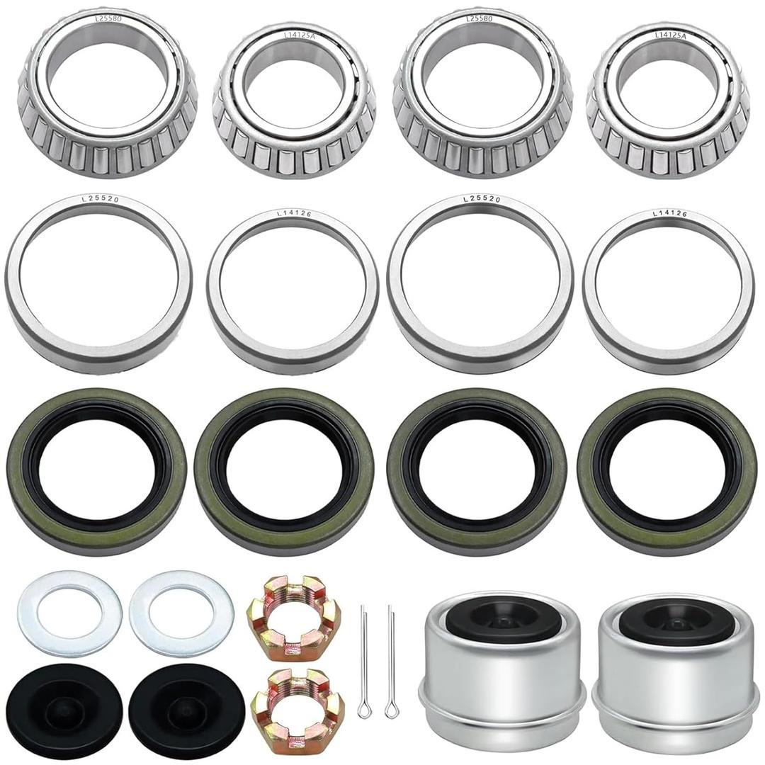 2 Sets 25580 14125A Trailer Bearing Kits, Grease Seals, Spindle Nuts, 2.72" Dust Caps, Rubber Plugs, Cotter Pins, Washers for 5200-7000 lb Axles