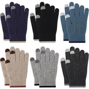 6 Pairs Kids Gloves Full Fingers Knit Gloves Children Stretchy Winter Warm Mittens for Boys (Black/Dark Grey/Light Grey/Navy/Blue/Beige)