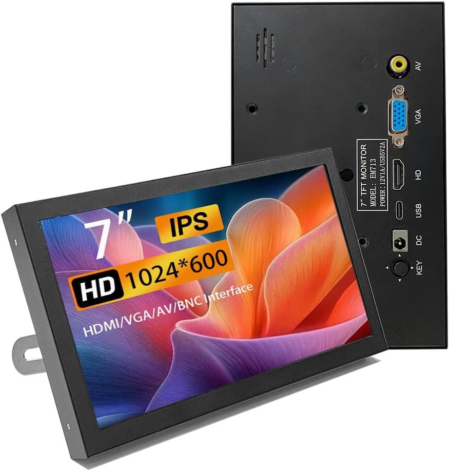 7 Inch Mini Monitor HDMI, Portable Vga Monitor with AV BNC 1024600 LCD Screen with Built-in Speakers,IPS Multi-Function Small Display for Raspberry Pi PC/TV/DVD/CVBS