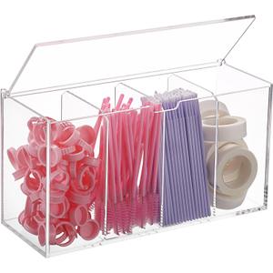 ELLDOO Lash Extension Organizer Box with Lid, Acrylic Eyelash Supplies Organizer Storage Box, 4 Compartments Bathroom Supplies Storage Container for Cotton Swabs, Balls, Pads, Floss Picks