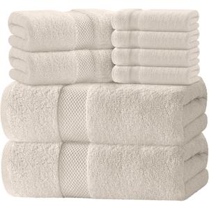 White Classic Luxury Bath Towel Set of 8 Pieces - 100% Turkish Cotton Highly Absorbent Towels for Bathroom, 2 Luxury Bath Towels 700GSM, 2 Hand Towels, 4 Washcloths, Ivory, 16"x30" inc