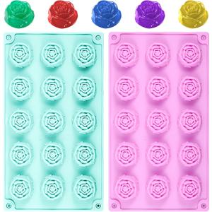 2 Pack Rose Silicone Chocolate Mold, 15 Cavity 3D Flower Fondant Silicone Molds, Rose Chocolate Mold Candy Ice Cube Fondant Molds for DIY Decoration