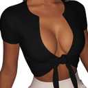 BORIFLORS Women's Sexy Tie Up Crop Top Short Sleeve Deep V Neck Casual Basic T Shirt (Large, Black)