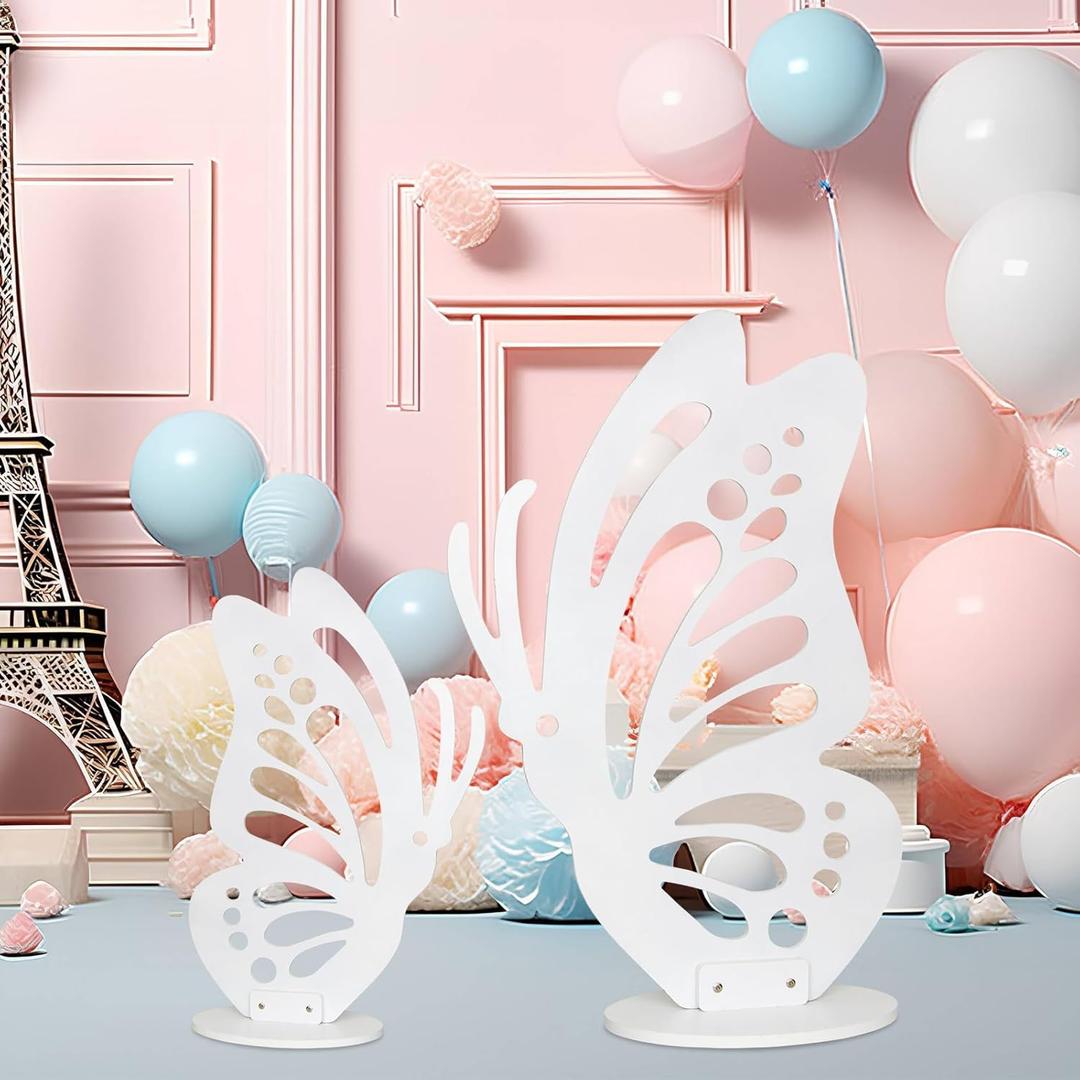 Large Wooden Butterfly Decorations, 2.95 ft and 1.97 ft Butterfly Shape Craft for Baby Shower, Birthday, Wedding, Party Backdrop, Freestanding Wood Crafts White W02