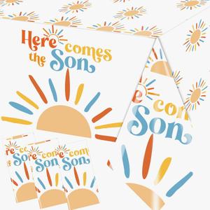 3Pcs Here Comes The Son Baby Shower Decorations Tablecloths Plastic Sunshine Table Covers Disposable Boho Sun Party Table Cloth for Boy, Here Comes The Sun Baby Shower Decorations Supplies