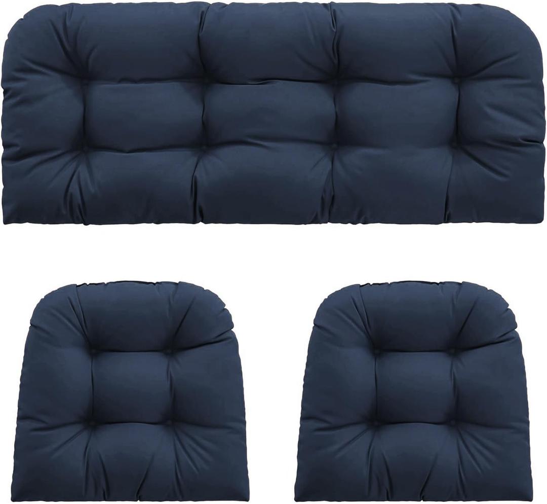 Outdoor Wicker Chair Cushions 2 Pieces for Patio Furniture, 1 Loveseat Cushion 44x22x4 and 2 U-Shaped Cushions 22x22x4, Indoor Outside Use, Fade-Resistant & Waterproof, Dark Blue