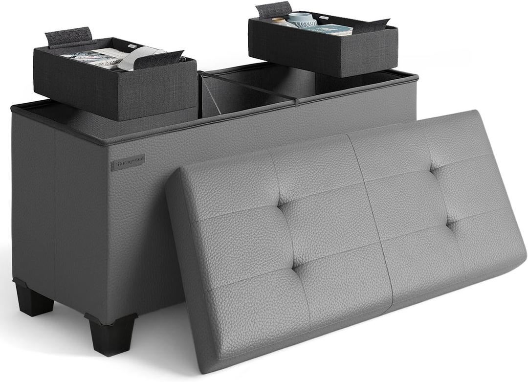 STORAGEBUD Storage Ottoman Bench with Bins, 30-in Storage Bench for Bedroom End of Bed, Folding Foot Rest Ottoman for Living Room Max 660lbs, Faux Leather Ottomans, Grey (15"D x 30"W x 15"H, 01 - Grey Leather)