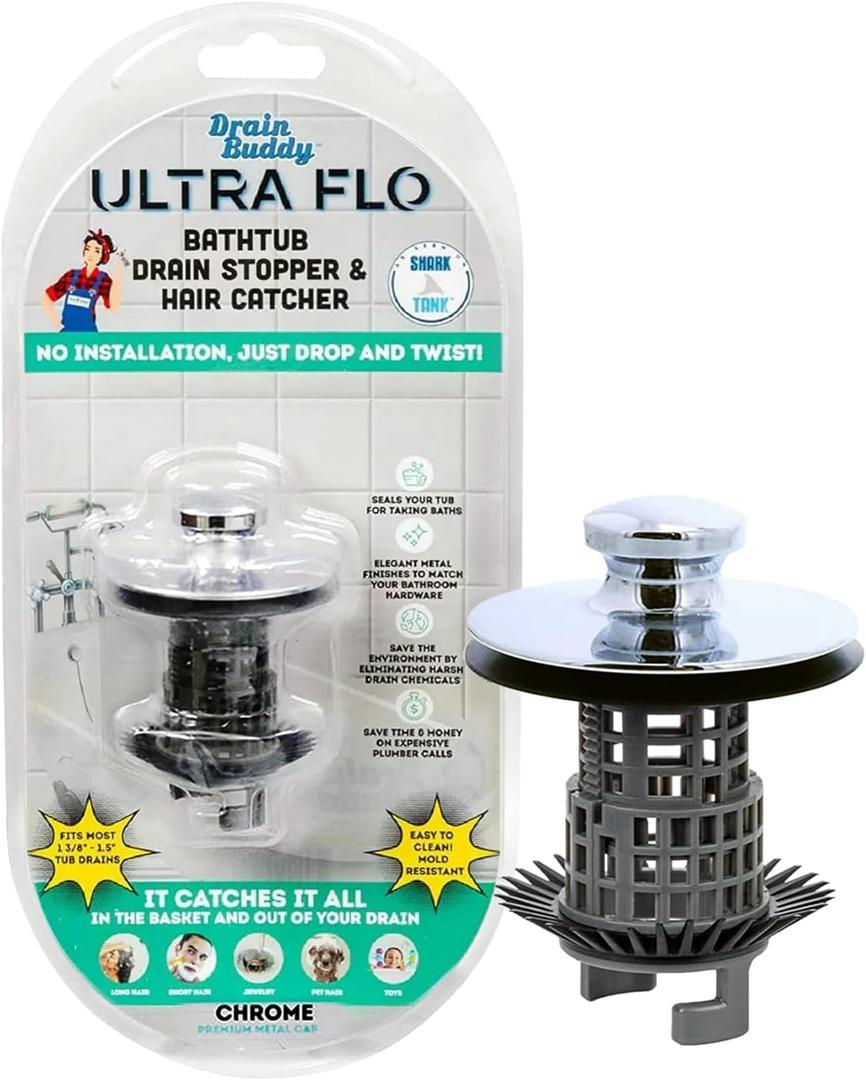 Drain Buddy Ultra Flo No Installation 2 in 1 Clog Preventing Tub Drain Stopper and Hair Catcher for 1 3/8" to 1.5" Bathtubs and Utility Sinks Chrome Metal Cap