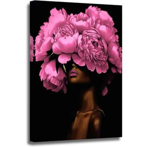 ZSHARTSWD African American Canvas Wall Art Black Woman with Flowers on Head Picture Abstract Black Girl Painting Prints for Girls Room Bathroom Decor Framed (Pink, 20L x 16W)