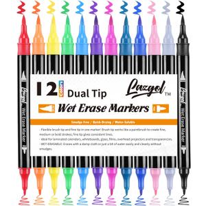 Wet Erase Markers Dual Tip, Lazgol 12 Assorted Colors, Dual Tip Brush & Fine Overhead Transparency Smudge Free Markers for Dry Erase Whiteboard, Refrigerator Calendars, Glass, Films and Any Kind of