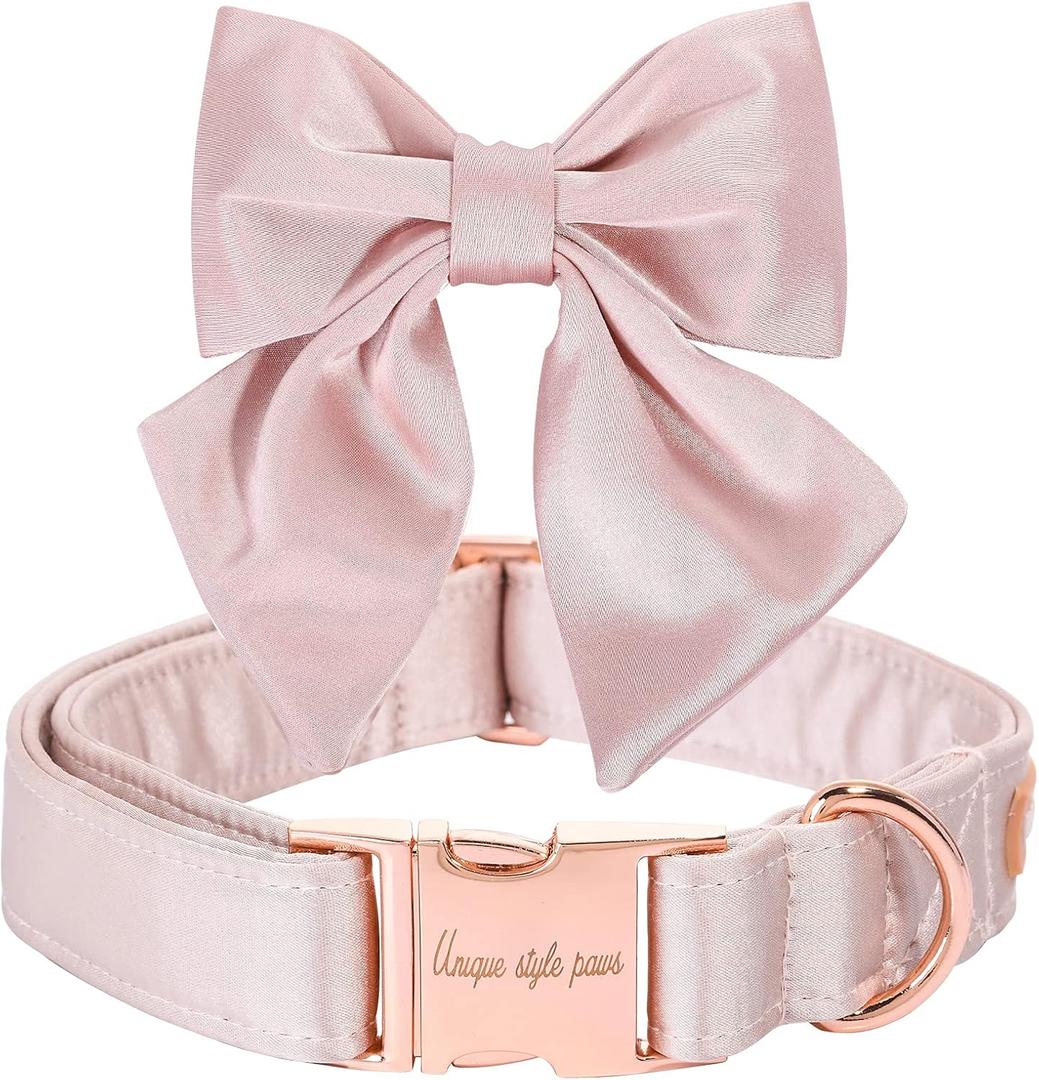 Unique style paws Silk Pink Color Dog Collar Adjustable Durable Dog Collar with Bow Wedding Bowtie Collar for Medium Dogs (Princess), M