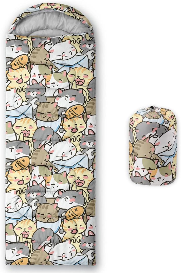 QOOMO Camping Sleeping Bags,3 Season Warm & Cool Weather,Lightweight,Waterproof Sleeping Bags for Adults & Kids,Traveling,and Outdoors,Camping Gear Equipment (Kawaii Cats 8)