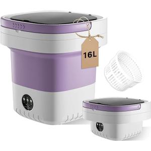 Portable Washing Machine, 16L Collapsible Mini Washer with UV-C Light & Spin Basket, 3 Cleaning Modes Small Foldable Laundry Machine for Clothes Underwear Socks Delicates Travel Camping Dorms (Purple)