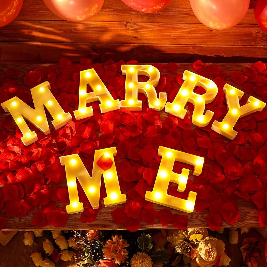 Roowest Marry Me Letters Light Proposal Decorations Set Includes 7 LED 6.3" x 5.5" Romantic Marry Me Sign and 1000 Rose Petals for Proposal Engagement Wedding Decor(Yellow Light, Red)