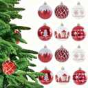 Christmas Decoration, 2.4 Inch 12PCS Christmas Tree Ball Ornaments, Red and White Shatterproof Decorative Baubles, Painted Nordic Holiday Design
