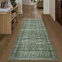 WondRg 2x6 Green Washable Floral Hallway Runner Rug Kitchen Vintage Low Pile Non Slip Area Rug Soft Stain Resistant Carpet Distressed Door Mat Entryway Bedroom Living Room Indoor Stair