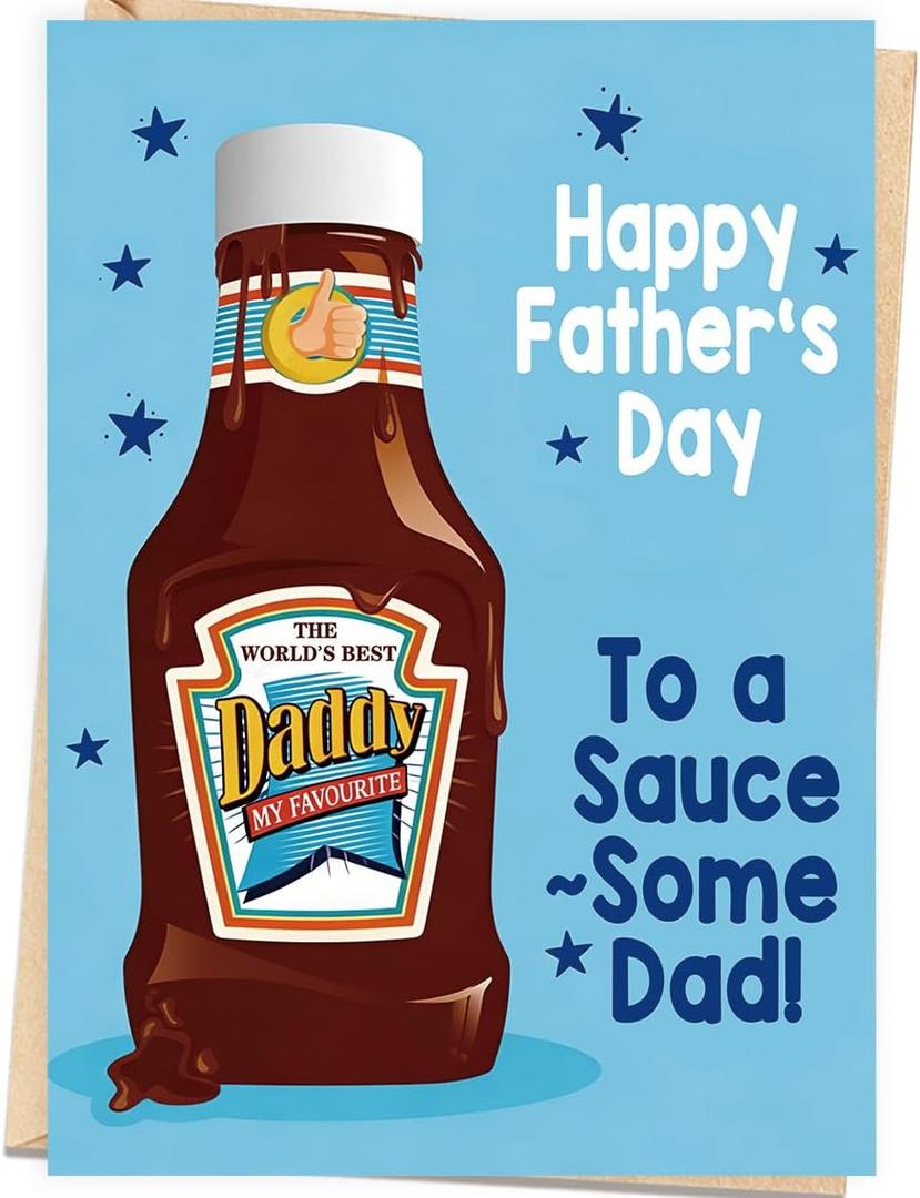 2 x Asmallgf World's Best Daddy Father's Day Card, Funny Sauce Themed, Heartfelt Message Inside, Perfect Fathers Day Decoration Gift for Dad from Son Daughter