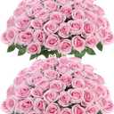 Sggvecsy 50 Pcs Artificial Roses Fake Flowers Velvet Silk Roses with Stems Bulk Realistic Faux Flowers for Bridal Bouquets Wedding Centerpieces Valentines Day DIY Home Party Decor (Pink)