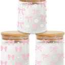 3 Pcs Pink Bow Glass Storage Jars with Airtight Lids Pink Bow Candy Cookie Jars Gift Cute Preppy Kitchen Canister Set for Women Girls Cute Kitchen Counter Decor Airtight Candy Cookie Containers
