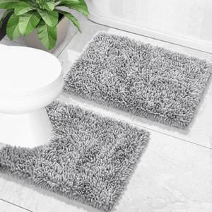 Yimobra Bathroom Rugs Sets 2 Piece, Soft Absorbent Bath Mat and U-Shaped Toilet Rug with Non Slip Backing, Luxury Shaggy Bath Mats for Bathroom, Machine Washable, 24"x17"+24"x20", Light Grey
