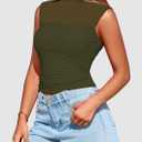 PRETTYGARDEN Women's Summer Sheer Mesh Tank Tops 2025 Trendy Casual Sleeveless Mock Neck Ruched Slim Fitted Going Out Shirts (X-Large, Army Green)