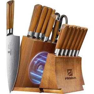 Kitchen Knife Sets With Block, Piklohas 15 Pieces Knife Sets With Magnetic Detachable Knife Holder, High Carbon Steel Damascus Pattern Chef Knife Set With Steak Knives, Ideal For House Warming Gift