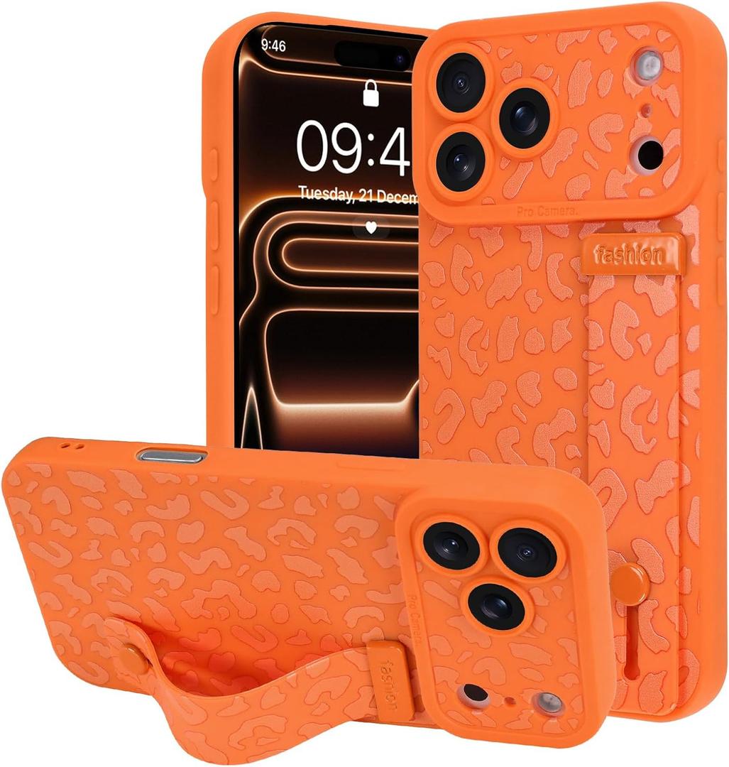 OOK Compatible with iPhone 17 Pro Leopard Case with Wrist Strap, Orange Leopard TPU Shockproof Protection Slim Cover with Camera Protection for Women Girls, for 6.3inch