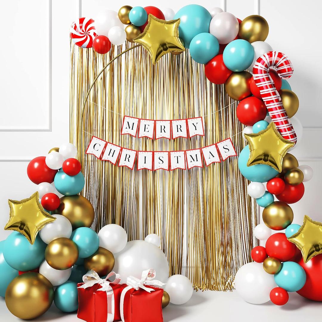 HOUSE OF PARTY Christmas Balloons Garland Multicolor - 145 Pcs With Merry Banner & Foil Curtains | Balloons With Candy Cane for Party Decorations