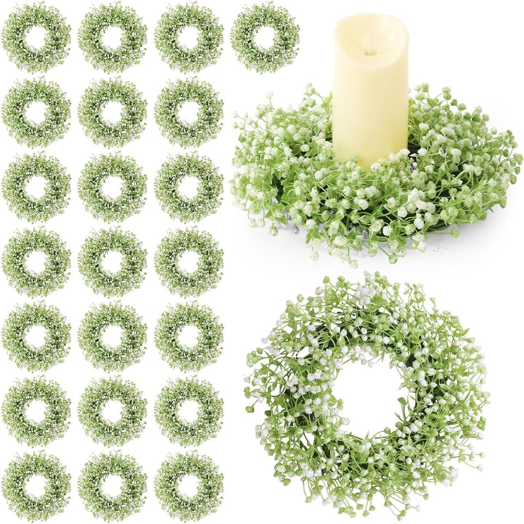 Zeyune 24 Pcs Babys Breath Candle Wreath Rings Bulk | Artificial Flower,Greenery Leaves Wreath,Gypsophila Wreath Candle Pillar,Wedding Table Decorations,Bridal Shower Centerpiece