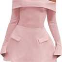 ABYOVRT Women Sexy Mini Dress Off Shoulder Long Sleeve A Line Dress Short Formal Dresses Party Clubwear (Pink, L)