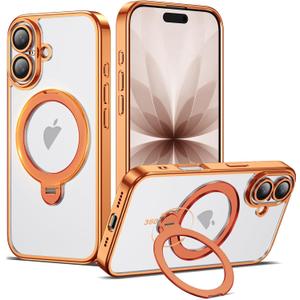 Compatible with iPhone 17 Case with 360 Spin Magnetic Ring Stand [Compatible with Mag-Safe] Full Camera Lens Protector Plating Clear Phone Case for iPhone 17 6.3", Orange