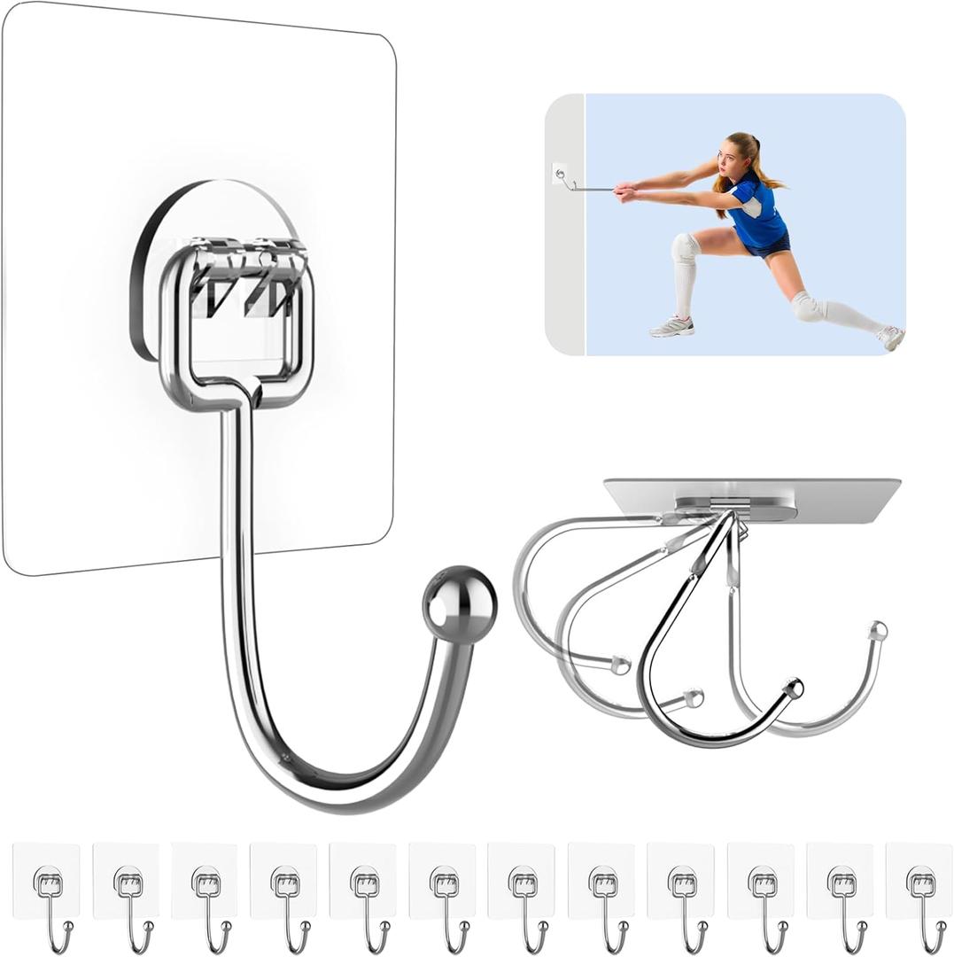 12 Pack Large Adhesive Hooks for 44 lb(Max) Hanging Heavy Duty, Self Adhesive Sticky Hooks Waterproof Stainless Steel Wall Hook for Home Bathroom Shower Kitchen Outdoor Utility Hooks