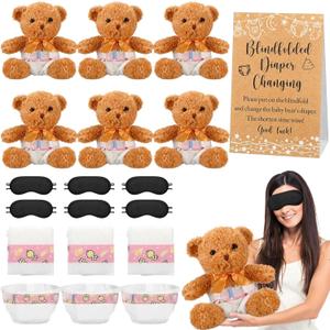 Simgoing 19 Piece Bear Themed Baby Shower Diaper Changing Game Supplies Include 12 inch Bear Dolls Blindfold Diapers Games Prizes for Adult Gender Reveal Raffle Party(Light Brown)