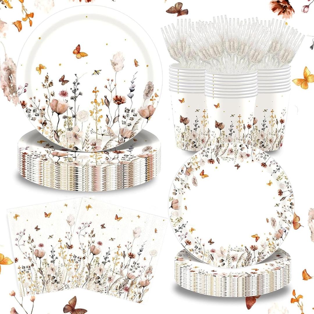 Autumn Boho Wildflower Paper Plates, Fall Floral Dinner Plates 9" Dessert Plates 7" Cups Napkins Forks Tableware Serve 24 Guests - Vintage Flower Baby Shower Birthday Wedding Party Supplies