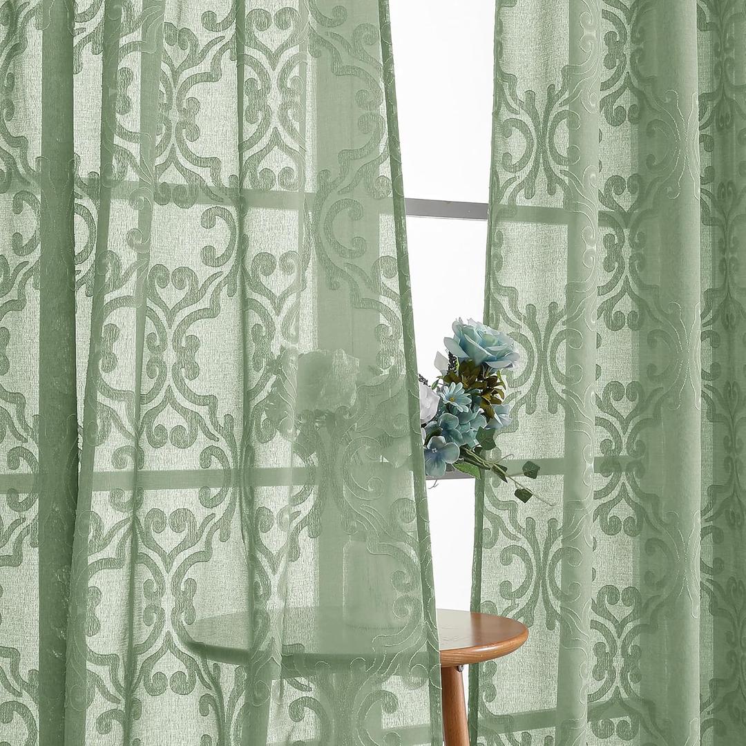 Aiyufeng Green Sheer Curtains 63 Inc Length 2 Panels Set, 3D Floral Clip Jacquard Light Filtering Semi Sheer Curtain Transparent Rod Pocket Window Curtain Panels for Bedroom Living Room, 54Wx63L Inch