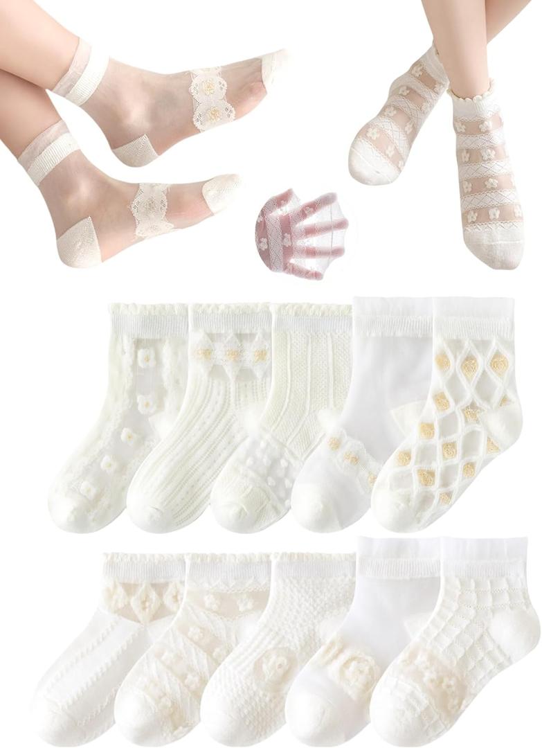Toddler Baby Girl Lace Mesh Crew Socks, Princess Mary Jane Dress Socks, 10 Pairs