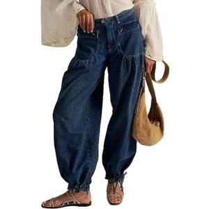 yoeasy Women's Lotus Tube Jeans Mid Rise Baggy Wide Leg Barrel Jeans Ruffle Pleated Denim Pants with Drawstring (X-Large, Dark Blue) XL