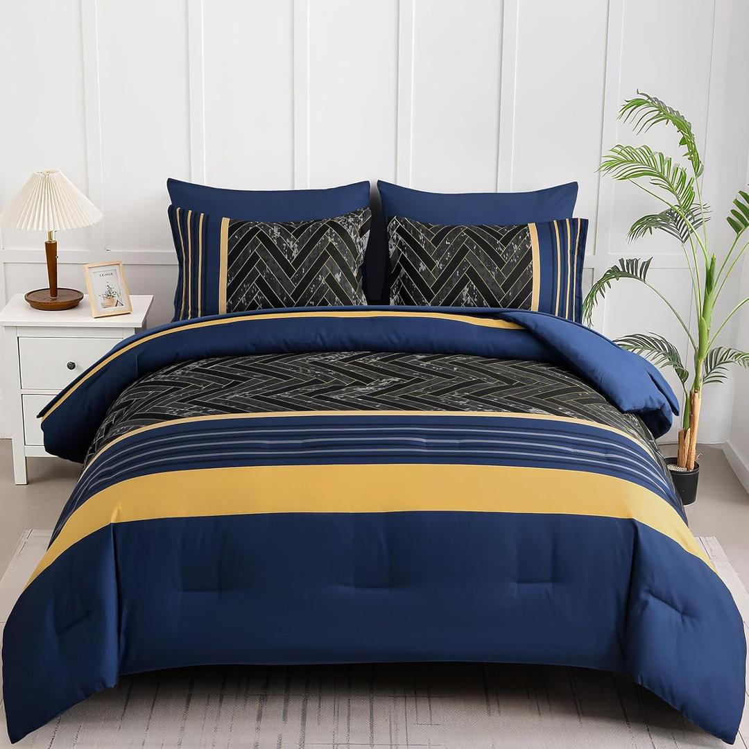 Luxudecor Blue and Yellow Comforter Set Queen Size, 7 Pieces Stripe Geometric Bed in a Bag, Marble Comforter and Sheet Set, Soft Microfiber Complete Bedding Sets for All Seasons