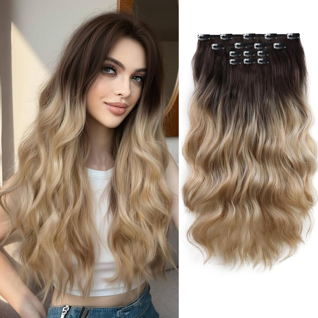 Clip in Extension 22 Inch Long Wavy Synthetic Seamless Curled Clips on Hair Extensions 4PCS Hairpieces Soft and Not Easily Knotted for Women Brown to Blonde