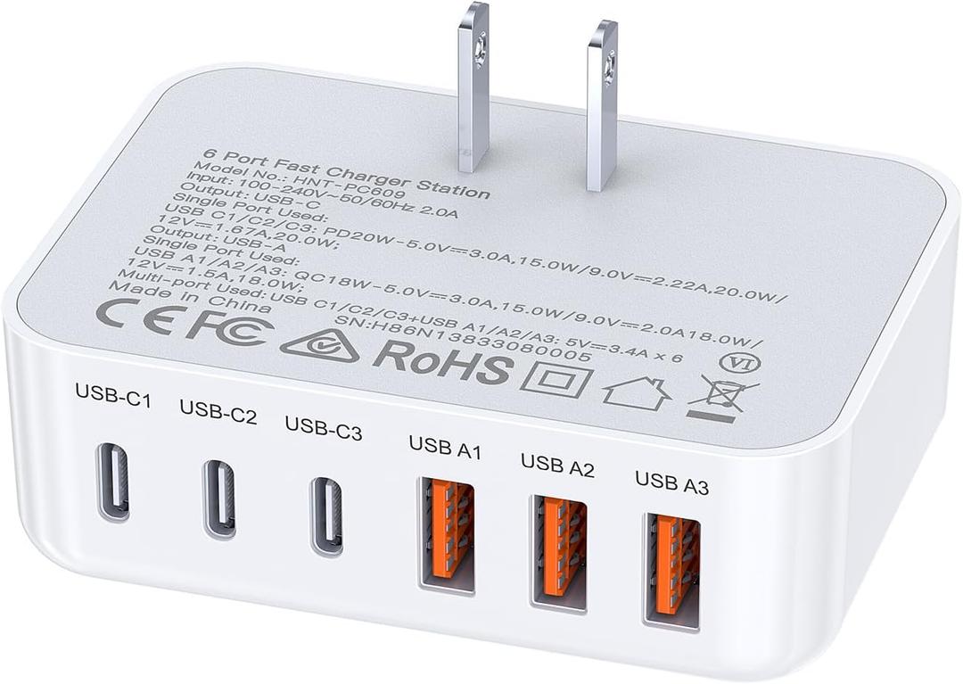 100W USB C Wall Charger Block, 6 Port Fast Charger Plug Adapter with PD USB-C + QC USB A Multiport Type C Charging Block Station Cube Hub for iPhone 17 16 15 14 13 12 Pro Max XR XS 8 7, Samsung