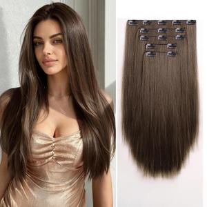 Dark Brown Clip in Extensions 18 Inch Invisible Long Synthetic Extension 5PCS Straight Fake Soft and Not Easily Knotted Clips on Hair Pieces for Women Grils Weddings Party Daily Use 6.5 Oz