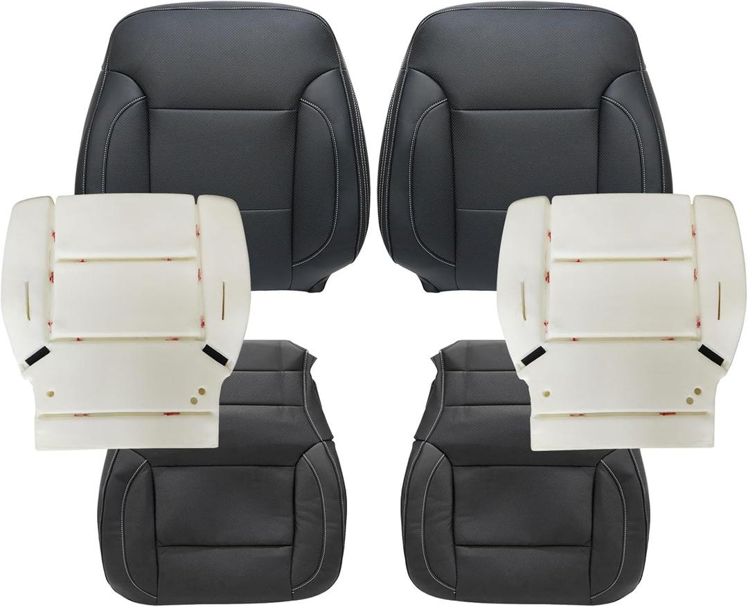 SecosAutoparts Driver & Passenger Side Bottom & Top Lean Back Replacement Perforated Leather Seat Covers & Foam Cushions Black Compatible with Chevy Silverado GMC Sierra 2014 2015 2016 2017 2018 2019