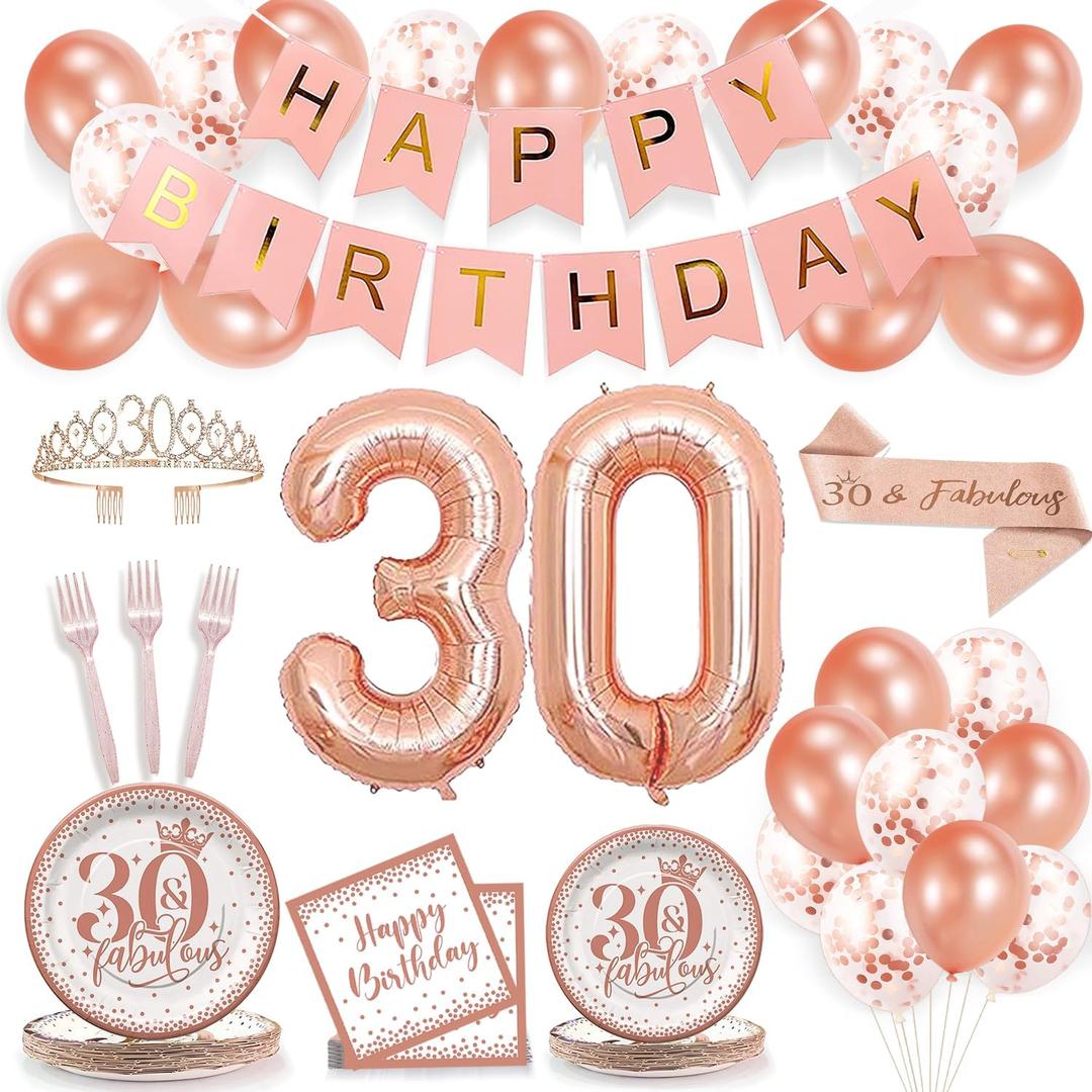 30th Birthday Decorations for Her - Rose Gold 30 Birthday Decorations, 30th Birthday Plate, Napkin, Fork, Happy Birthday Banner,Balloons Set,Fabulous Birthday Queen Crowns and Sash Etc (30th)