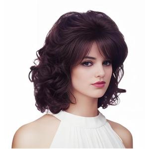 Short Brown Wigs for Women Brunette Wavy Vintage Wig with Bangs Synthetic Shoulder Length Curly Natural Wig for Cosplay,Halloween,Daily Use