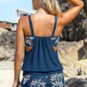 MODLILY Cut Out Tankini Swimsuits for Women, Two Piece Bathing Suits, Fake 2 in 1 Blouson Top with Boyshorts (Blue, XL)
