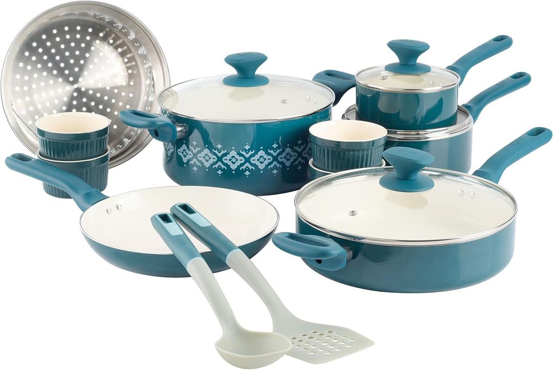 Spice by Tia Mowry Savory Saffron 16-Piece Healthy Nonstick Ceramic Cookware Set - Teal