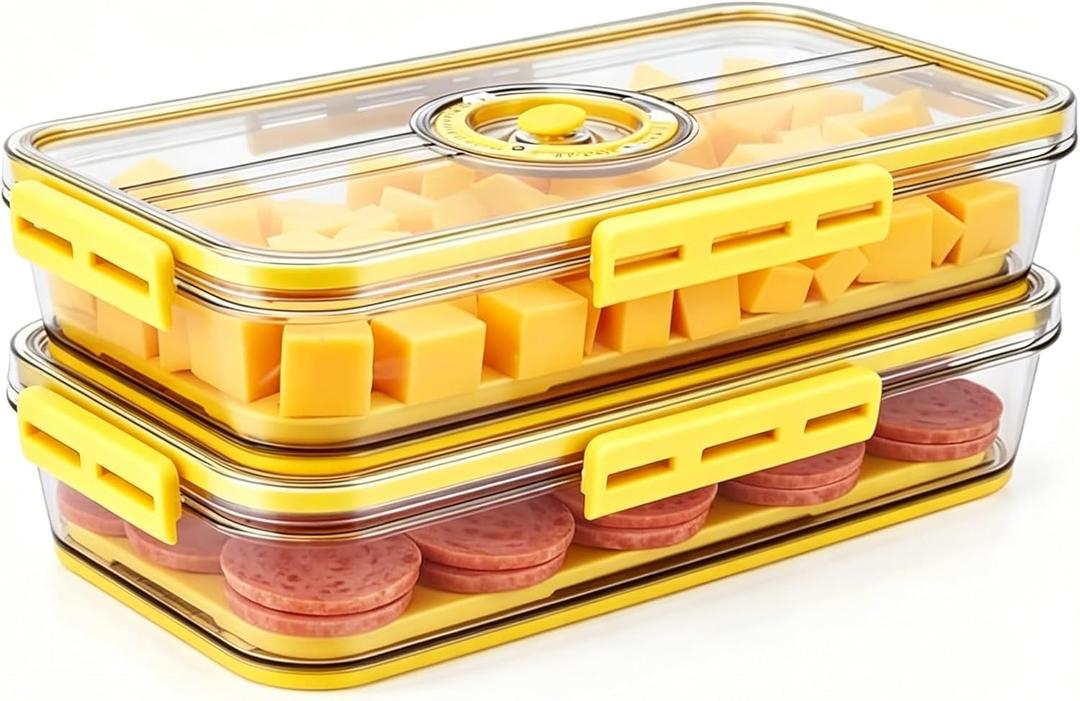 Cheese and Lunch Meat Container for Refrigerator with Drain Tray,Clear Deli Meat Storage Organizer, Airtight Bacon Keeper, Cold Cuts and Sandwich Meat Fridge Containers for Organizing-Yellow